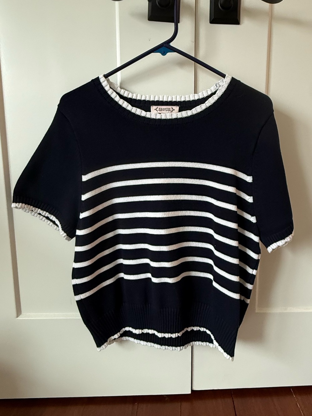 T.J.Maxx Navy Blue and White Striped Short Sleeve Sweater Top